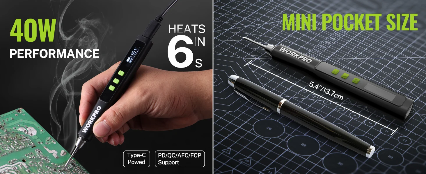 Soldering iron and pen tool on a grid mat, with visible heat display and mini pocket size text