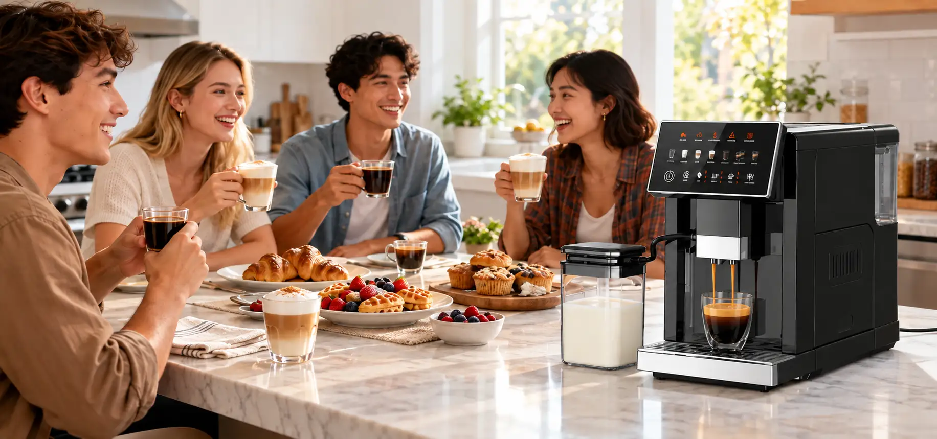 Kismile automatic espresso machine with milk reservoir on a kitchen island as four friends share coffee and breakfast
