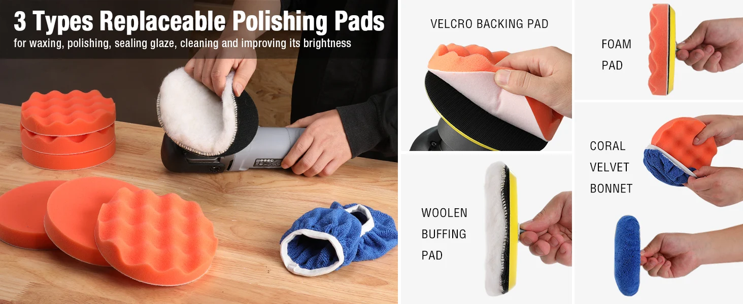 Polishing pad set with innovation and quality, showing foam, coral velvet, and woolen buffing pads in hand