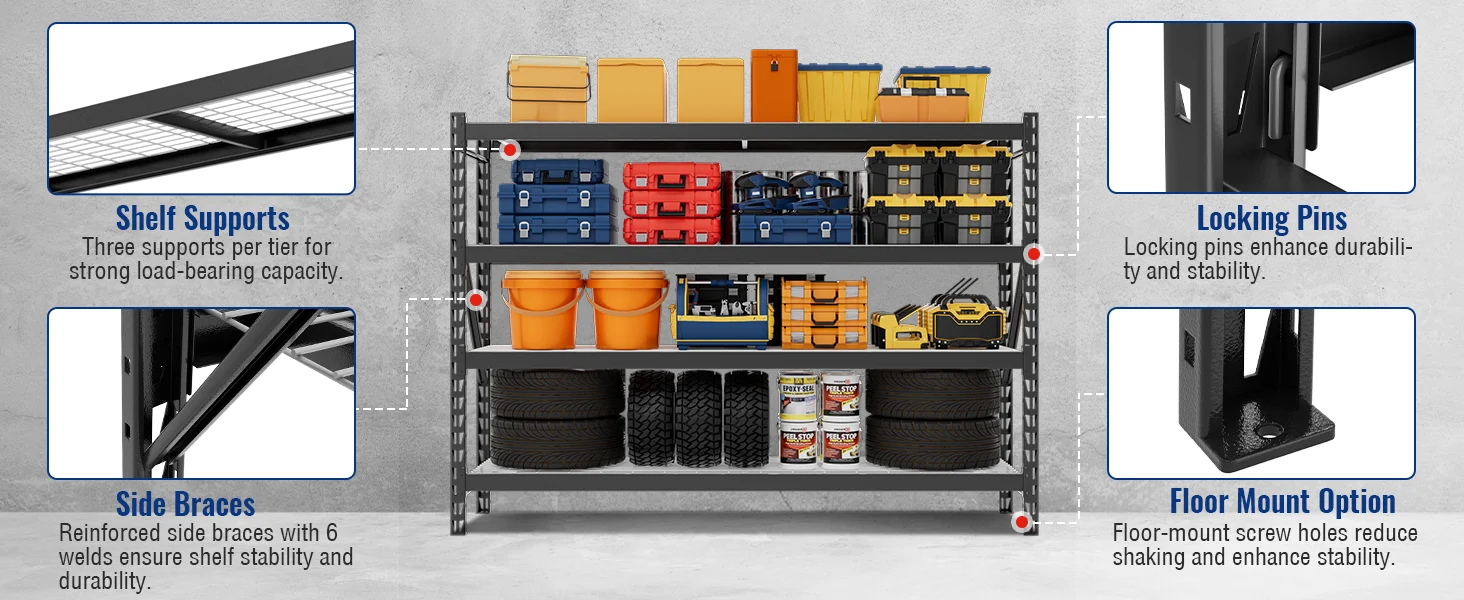Metal storage shelf with innovation and quality, showing durable locking pins, secure floor mount, and high-quality supports