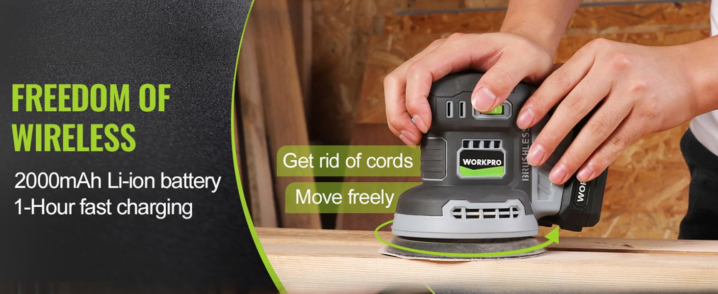 Cordless power tool charging on wood surface, hands holding battery pack, with innovation and quality shown on screen