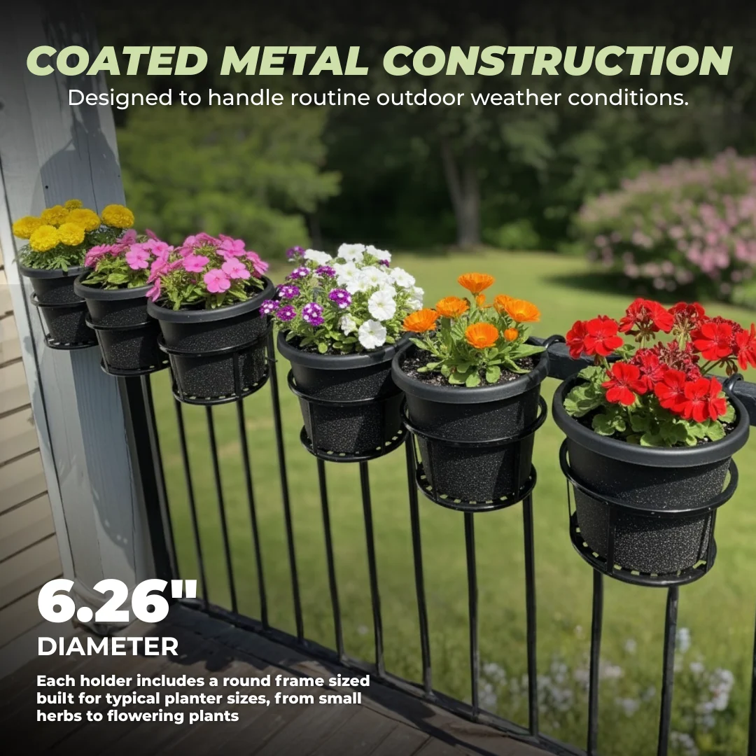 6-Pack Metal Hanging Flower Pot Holders for Balcony and Fence Rails