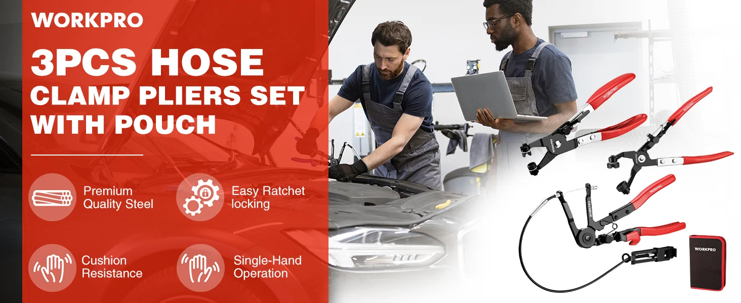 Tool innovation and quality shown with a three piece hose clamp pliers set and pouch in a workshop scene
