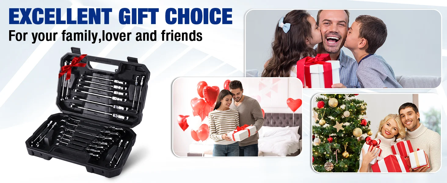 Gift set with black tool case and red ribbon, shown with family celebrating, innovation and quality themes