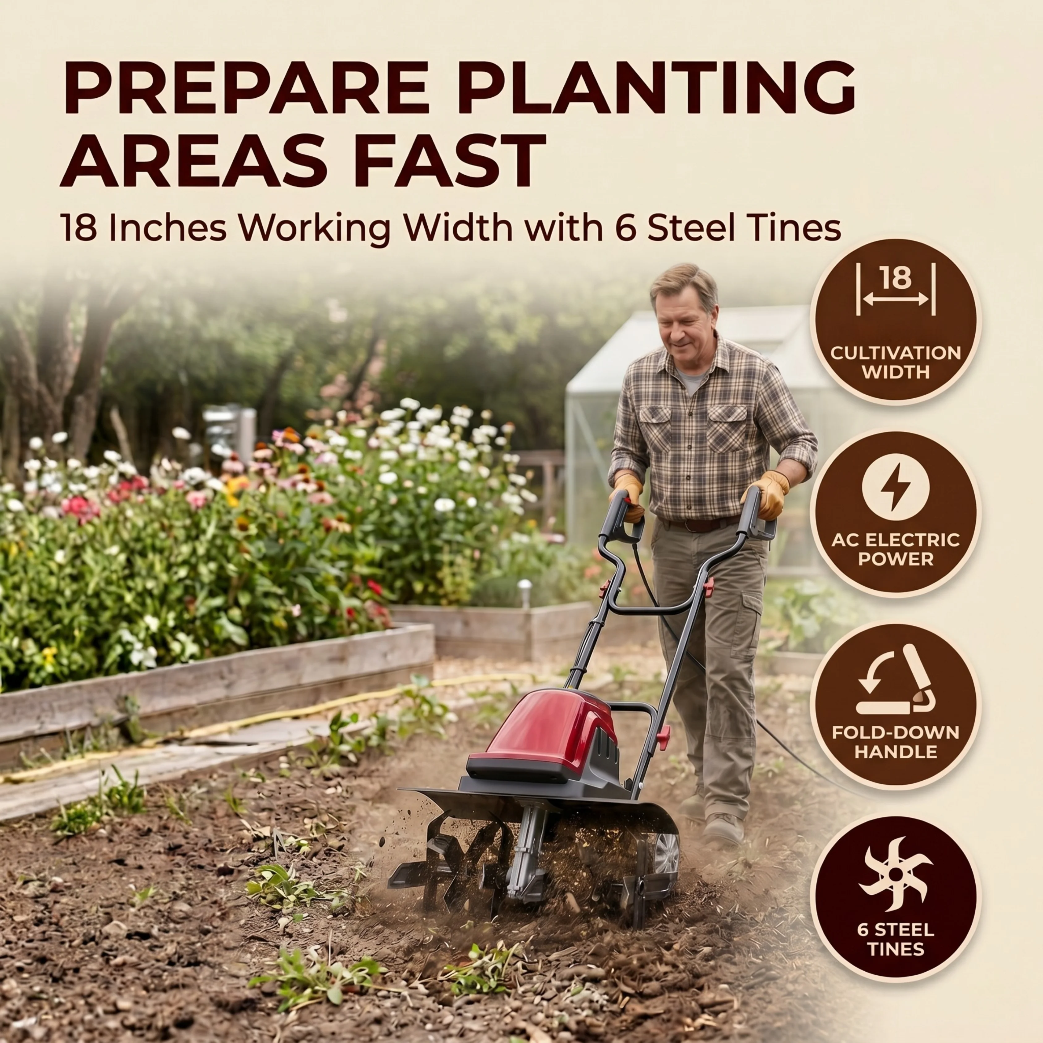 18 Inches Electric Garden Cultivator with 6 Steel Tines AC Powered