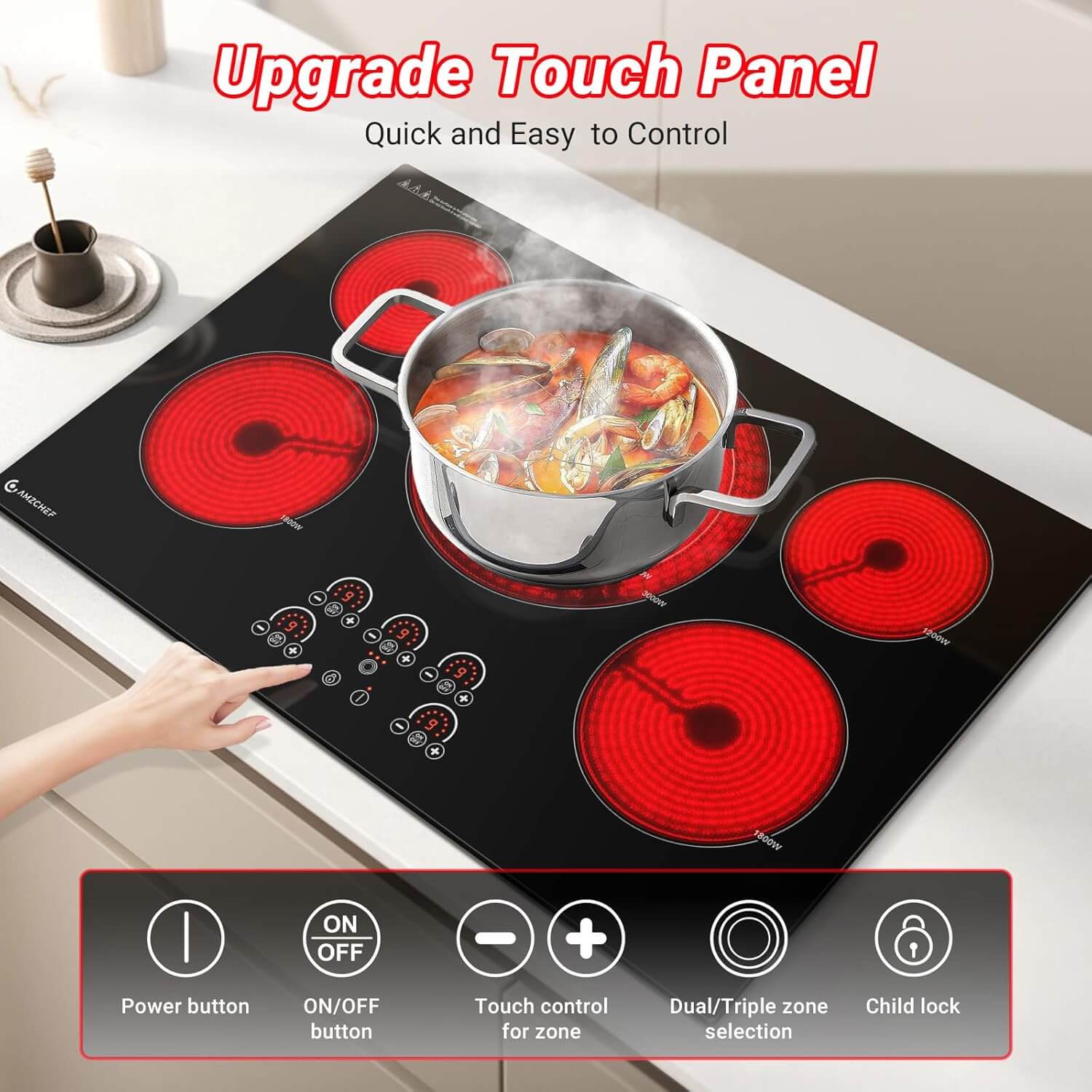 AMZCHEF Built-in Electric Cooktop 5 Burners 30 Inch Max 9000W Ceramic Glass 2