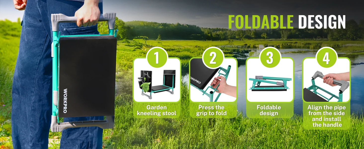 Foldable garden kneeling stool shown in steps with a green frame, innovation and durable quality outdoors