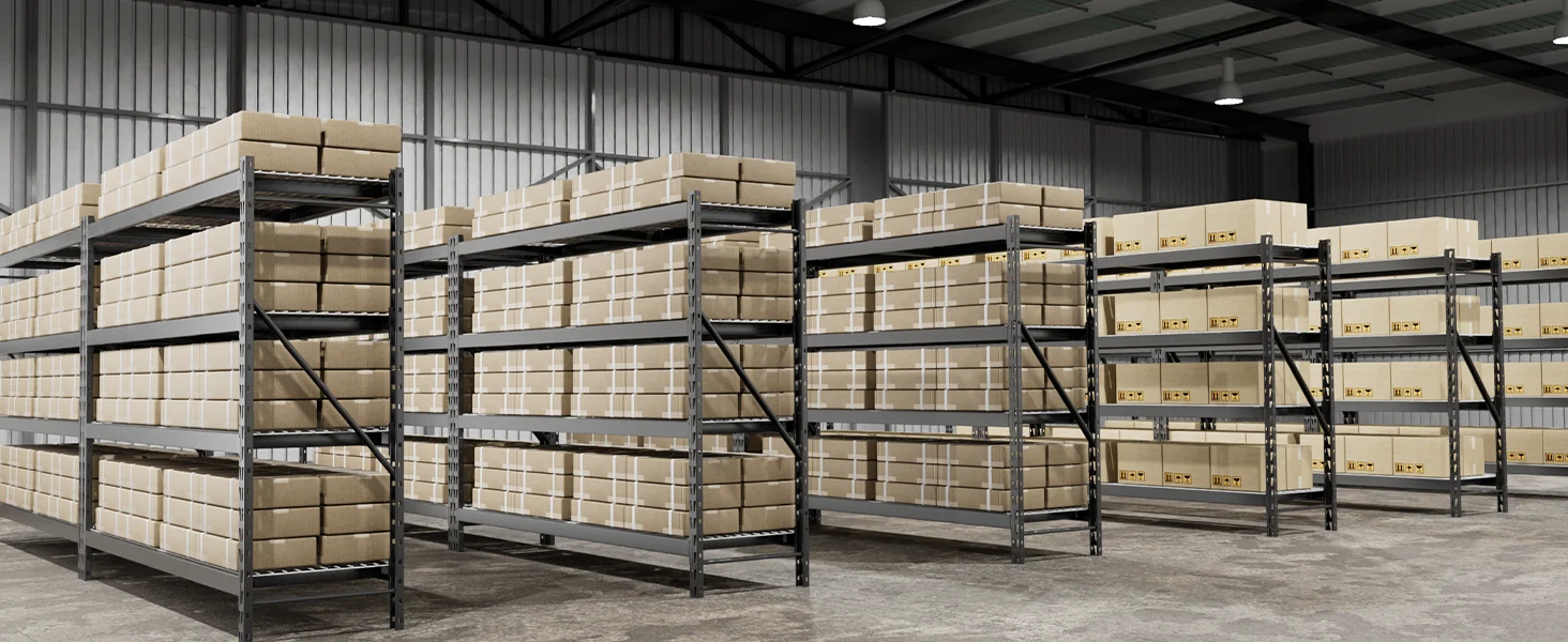 Warehouse metal shelving loaded with stacked cardboard boxes, showing innovation, quality, and durable storage racks