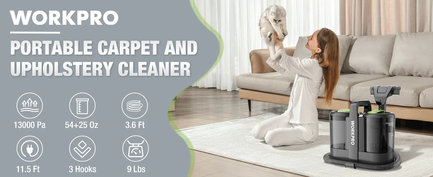 Woman cleaning a rug in a living room with a portable carpet and upholstery cleaner, with innovation and quality