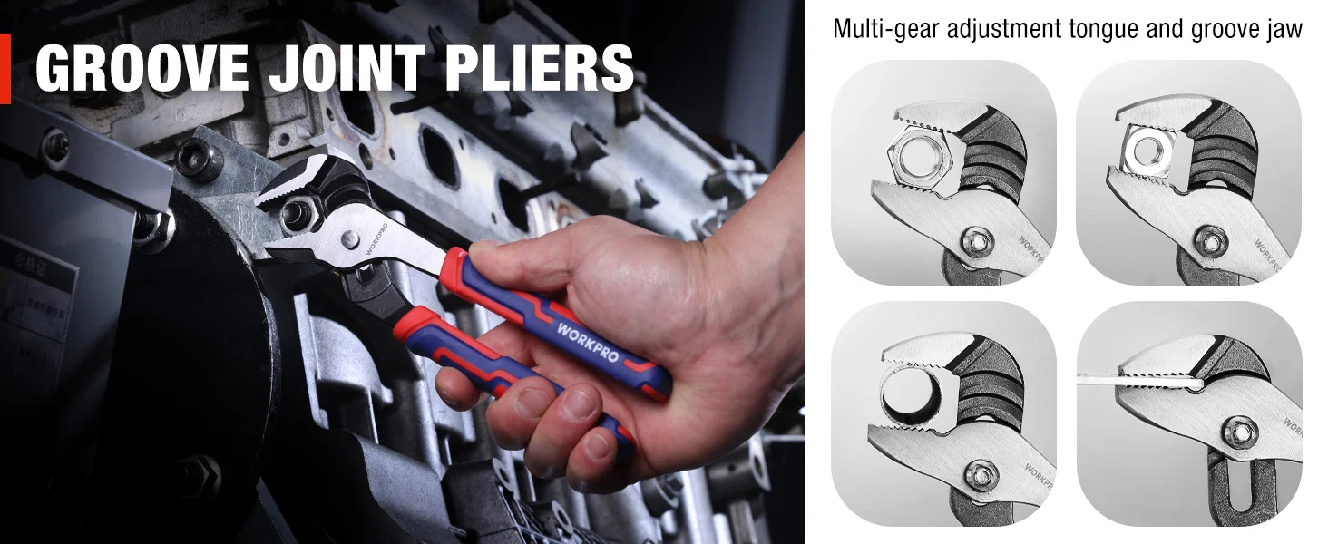 Groove joint pliers with red and blue handles, showing multi gear adjustment jaw closeups and secure grip