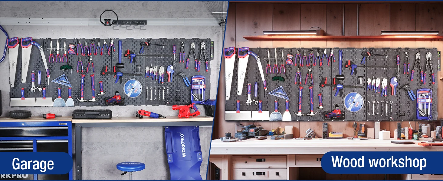 Workshop tool boards with hand tools, innovation and quality, durable and secure storage in a garage and wood workshop