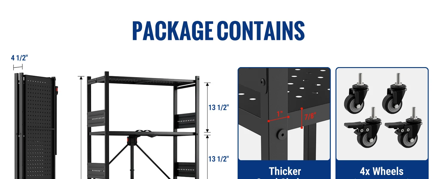 Metal rack package contents diagram showing innovation and quality with 4 wheels and thicker secure durable parts