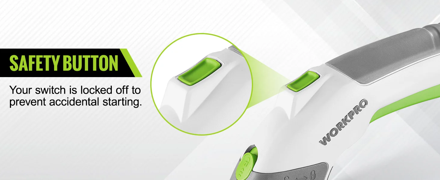 Power tool handle with green safety button, innovation and secure quality shown in a close up inset