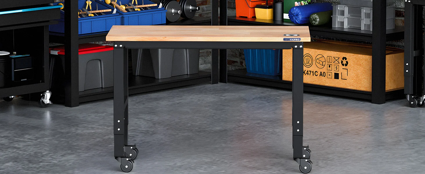 Metal workbench on wheels in a workshop with an orange label panel, showing innovation and quality