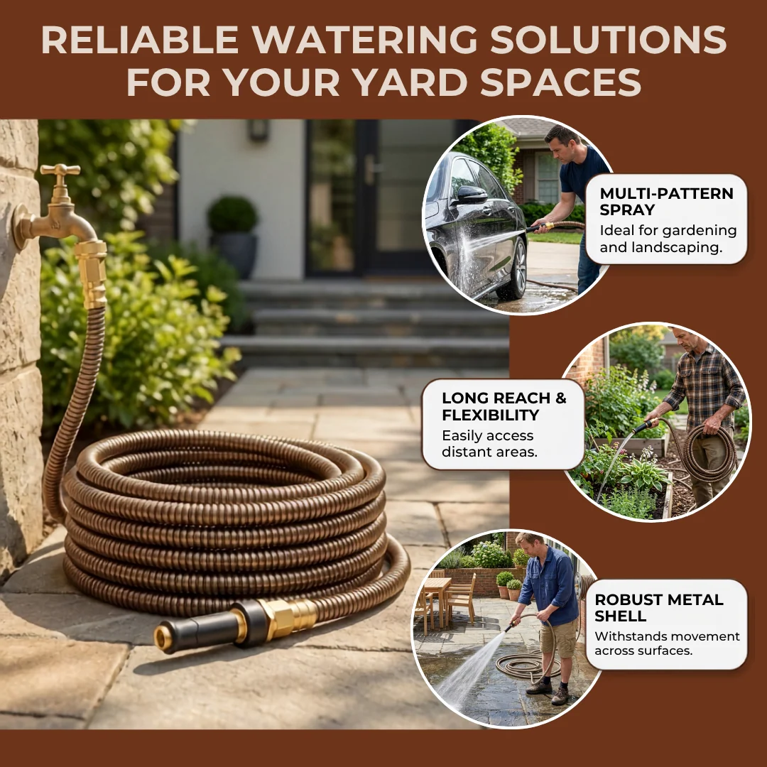 Stainless Steel Garden Hose 100 ft Metal Water Hose Brass Nozzle