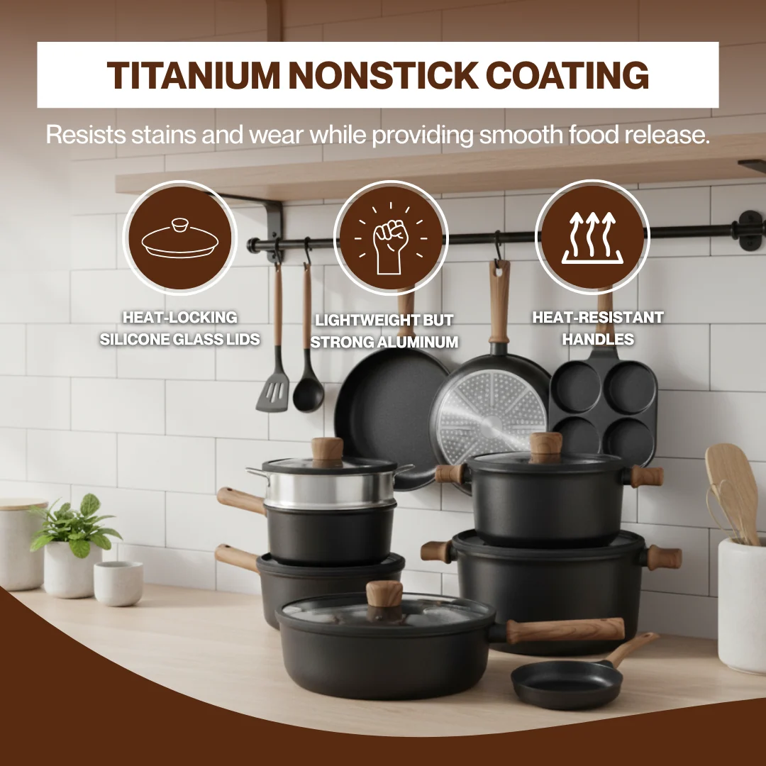 17-Piece Nonstick Cookware Set with Lids, Aluminum & Titanium
