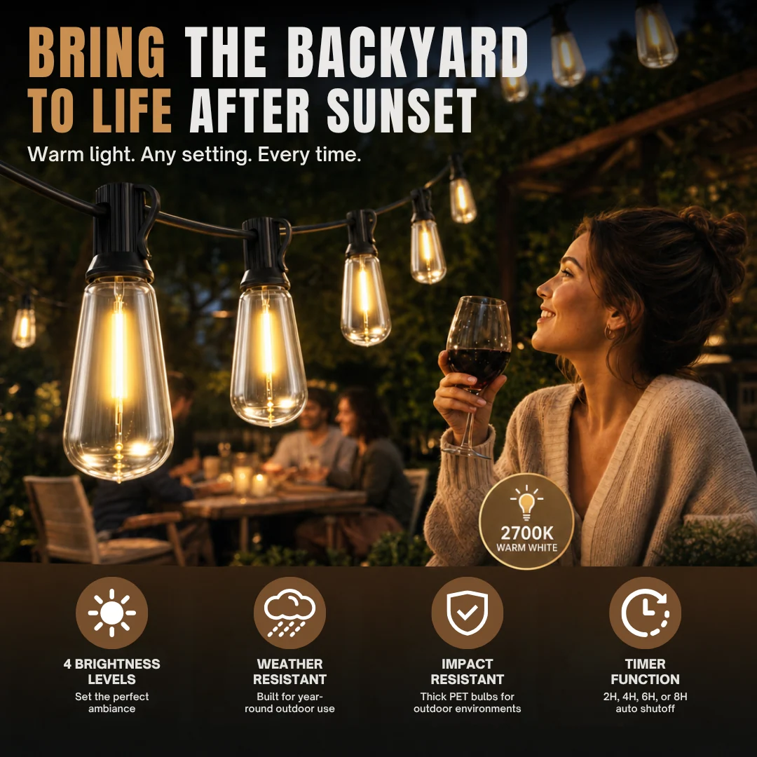 Outdoor LED String Lights Water-Resistant Dimmable Patio Set