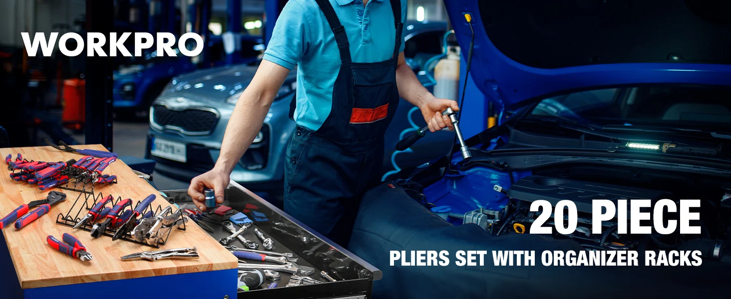 Automotive mechanic with a pliers set and organizer racks on a workbench, with tools laid out neatly