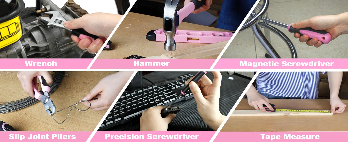 Tools collage with a wrench, hammer, magnetic screwdriver, slip joint pliers, precision screwdriver, and tape measure