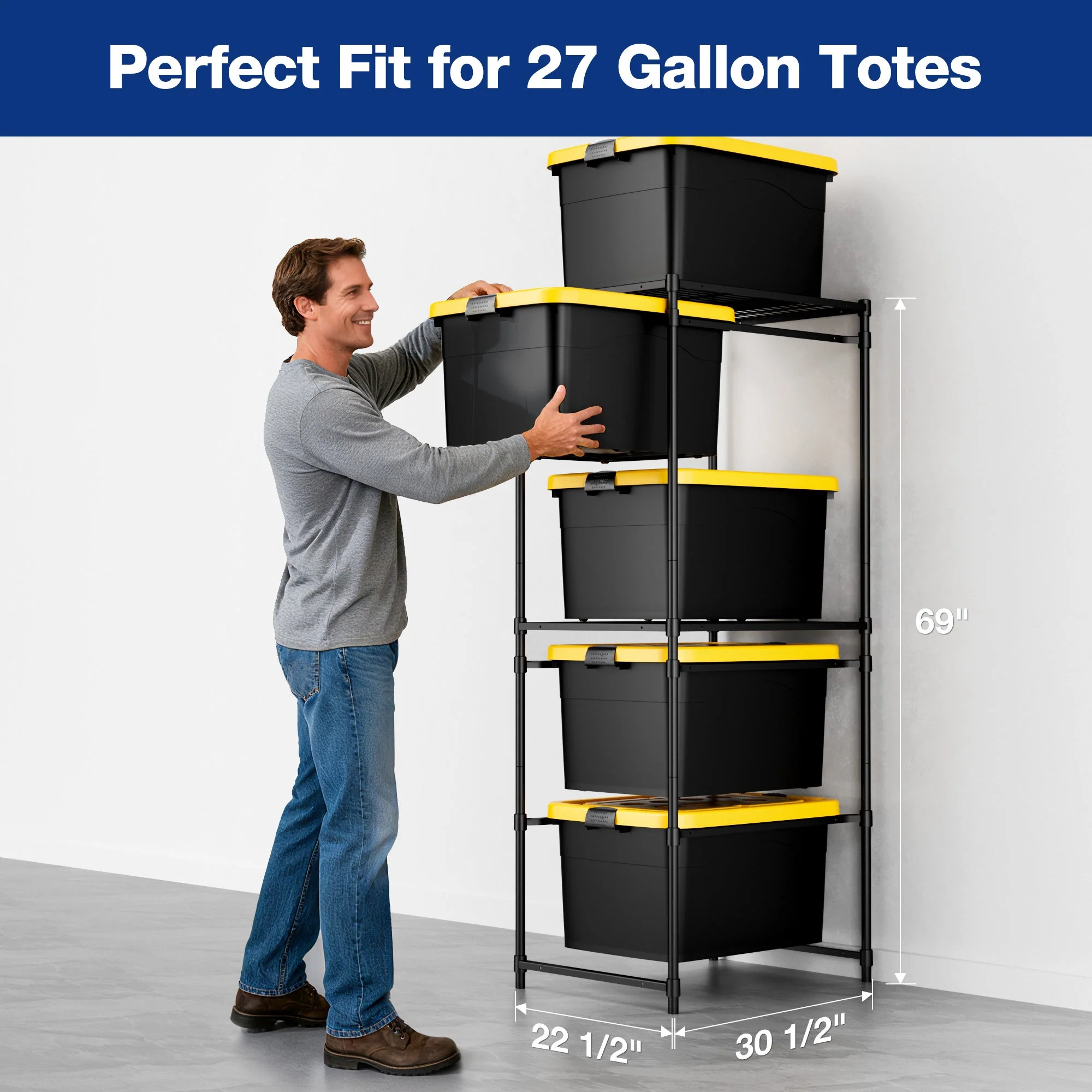 WORKPRO 250 LBS 5-Tier Bin Storage Rack for 27-Gallon Totes, Heavy Duty Metal Shelving Units for Garage, Basement, Pantry, Kitchen, Workspace, or Laundry Room, 30.5" x 22.5" x 69", Black - Image 4