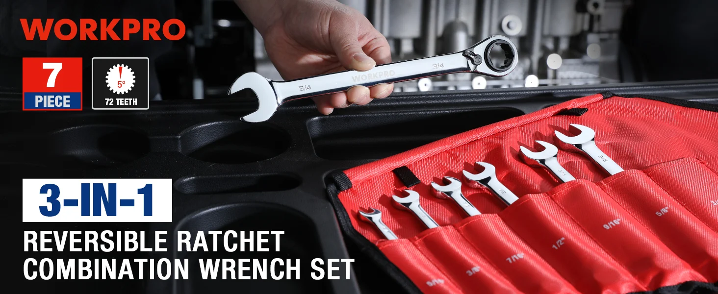Reversible ratchet combination wrench set with innovation and quality, held above a red tool roll