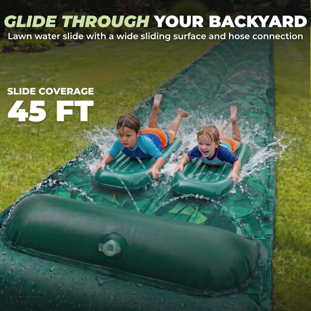 45 ft Double Lane Lawn Water Slide with Sprinkler and 2 Bodyboards