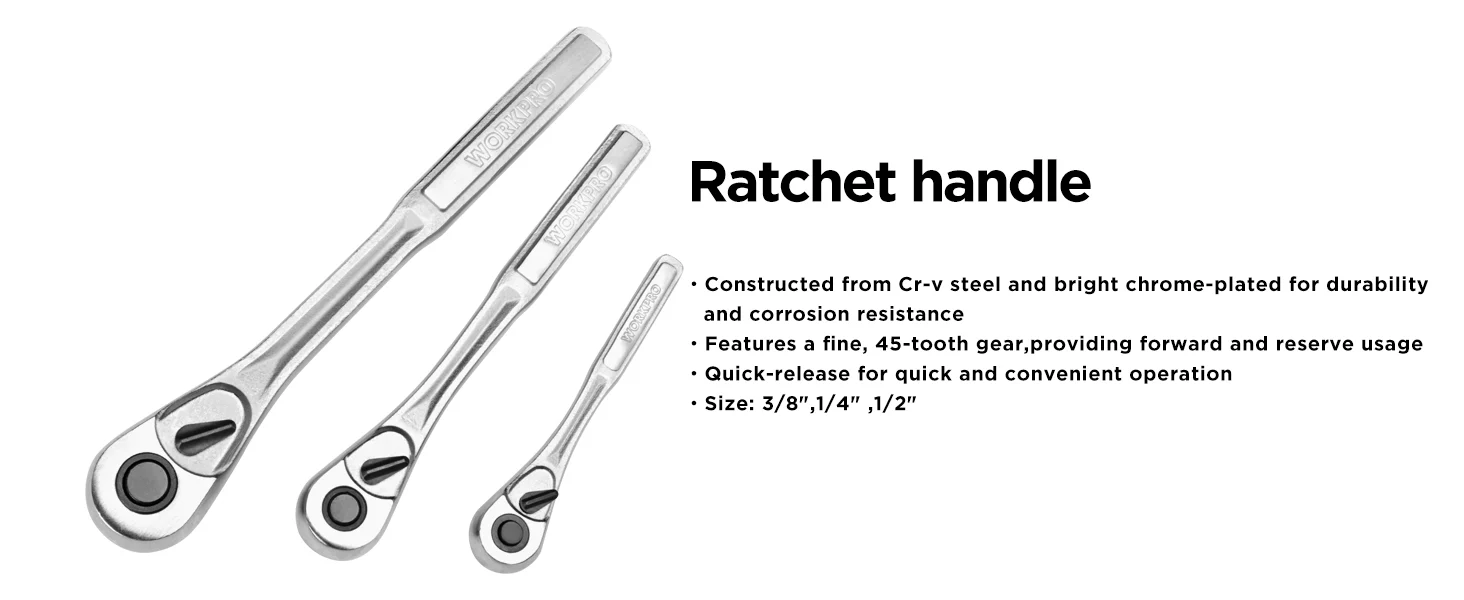 Ratchet handle set with chrome plated metal, 45 tooth gear, innovation, quality, secure, durable, convenient use