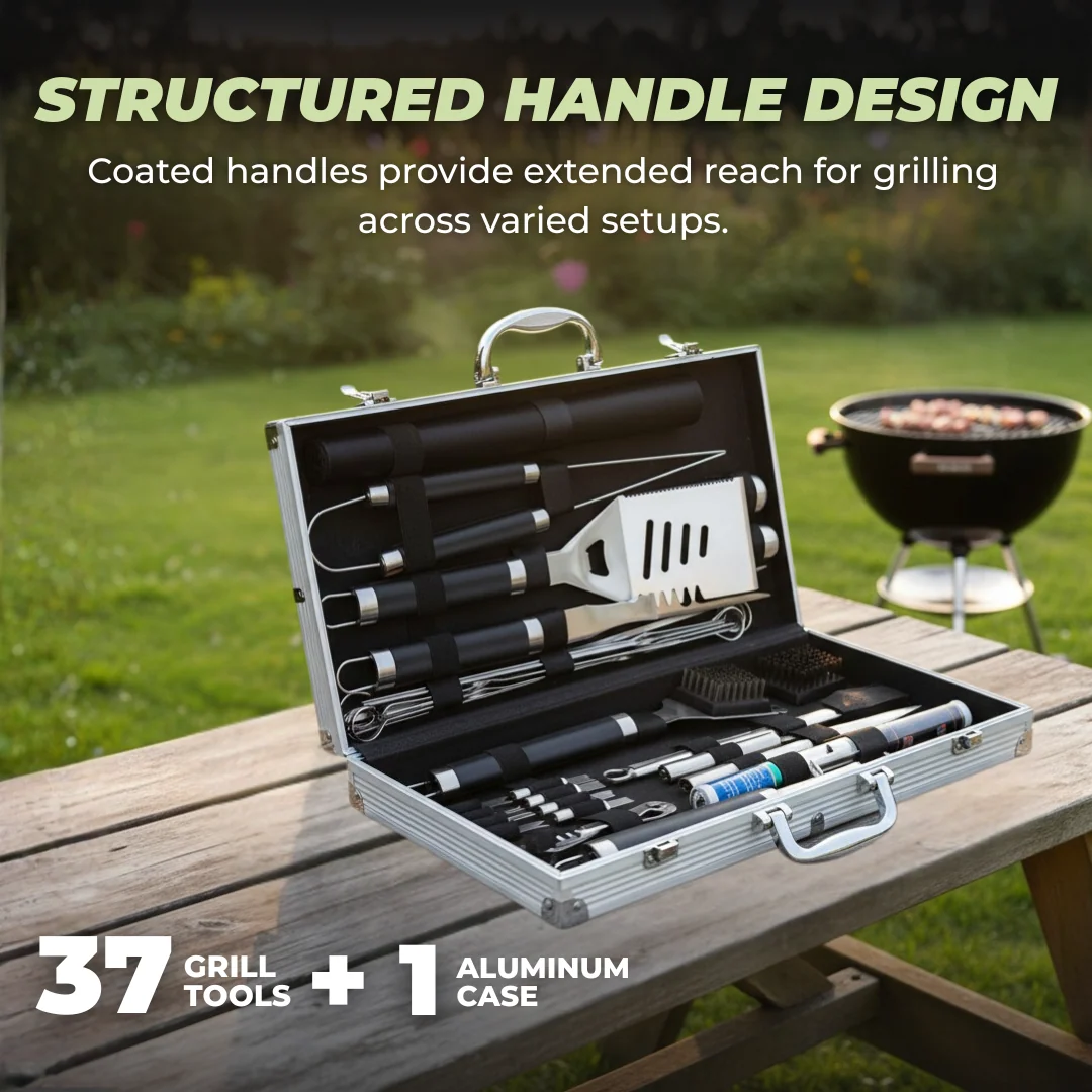 Stainless Steel BBQ Grill Tool Set with Aluminum Storage Case
