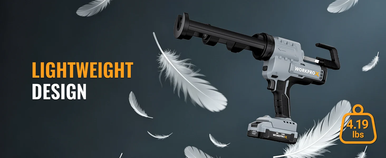 Power tool with light gray and black body, feathers floating, and visible weight 4.19 lbs label