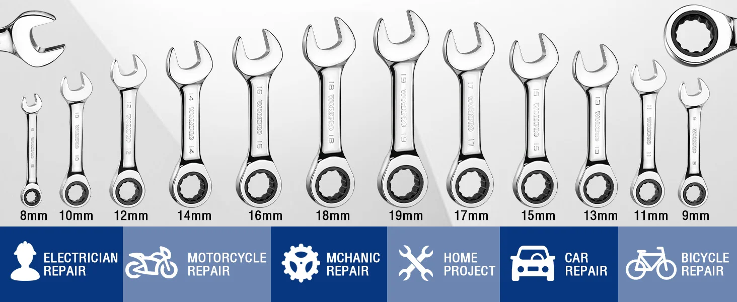 Set of chrome wrenches with visible sizes from 8mm to 19mm, labeled electrician, mechanic, home project, and car repair