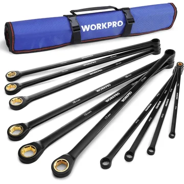 WORKPRO 10 Pcs Extra Long Box End and Anti-slip Ratcheting Wrench Set with Rolling Pouch, Metric 8-19 mm, 72-Teeth
