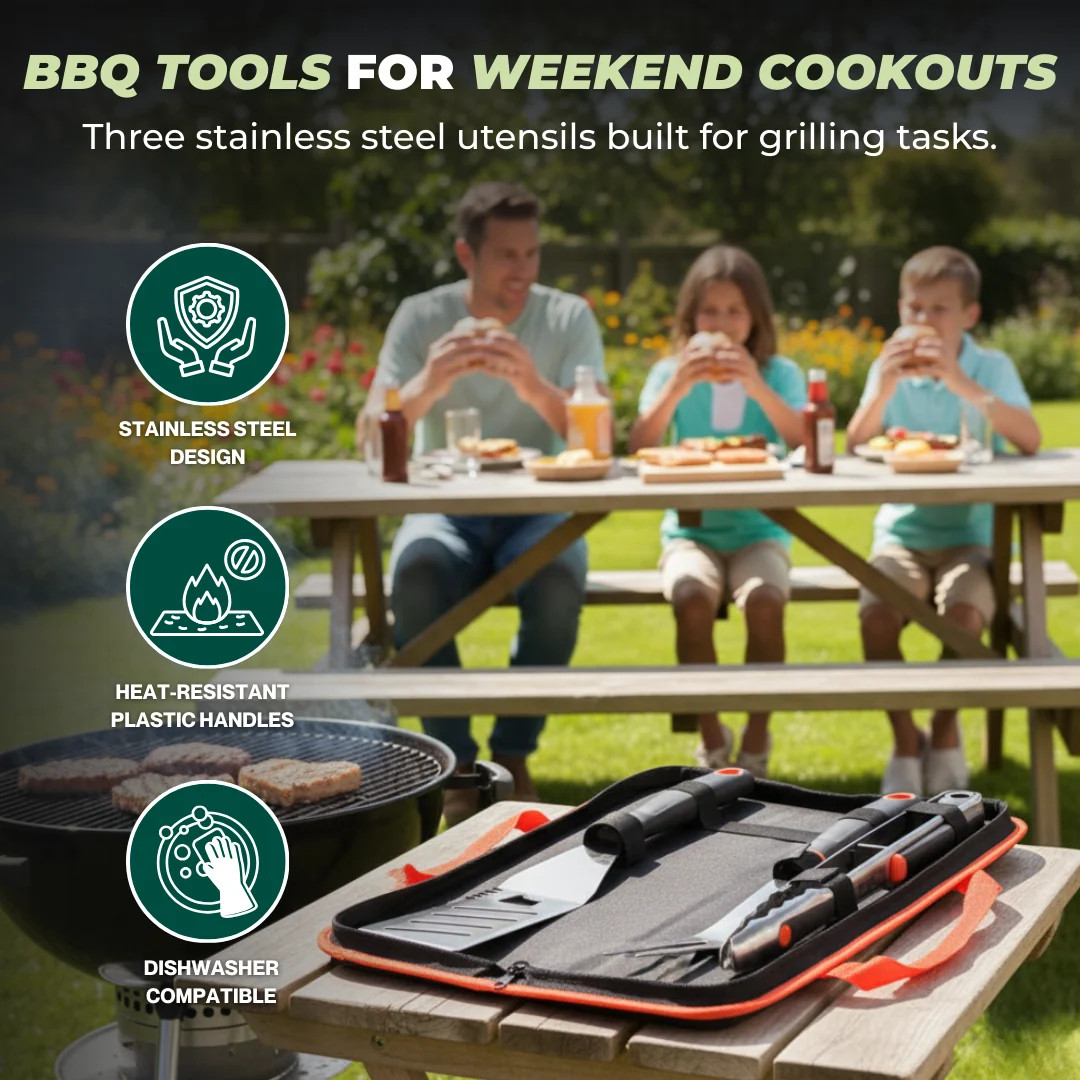 Stainless Steel BBQ Tool Set with Spatula, Fork, Tongs and Carry Case