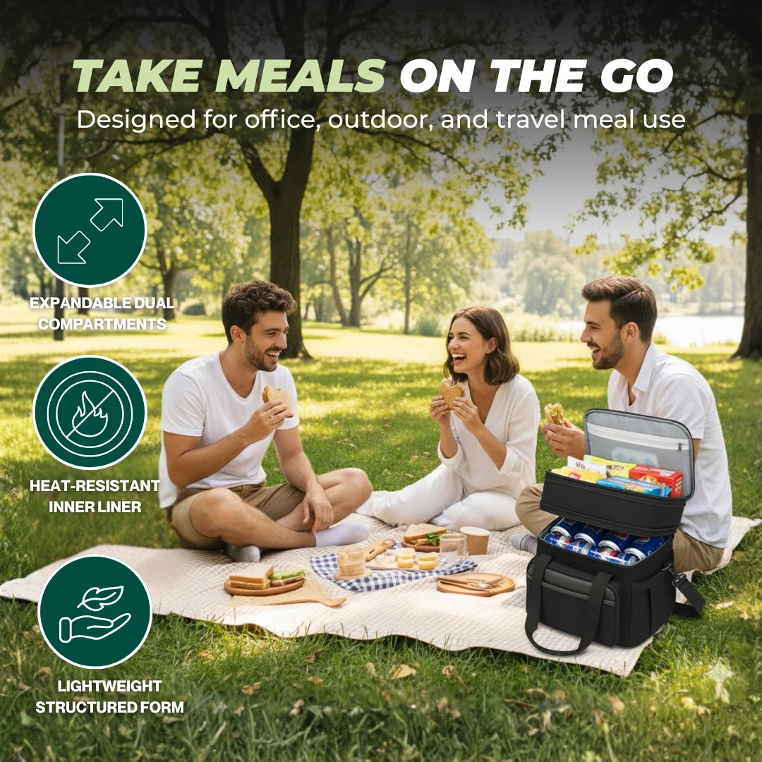 Insulated Dual-Layer Lunch Bag with Expandable 15L and 22L Capacity
