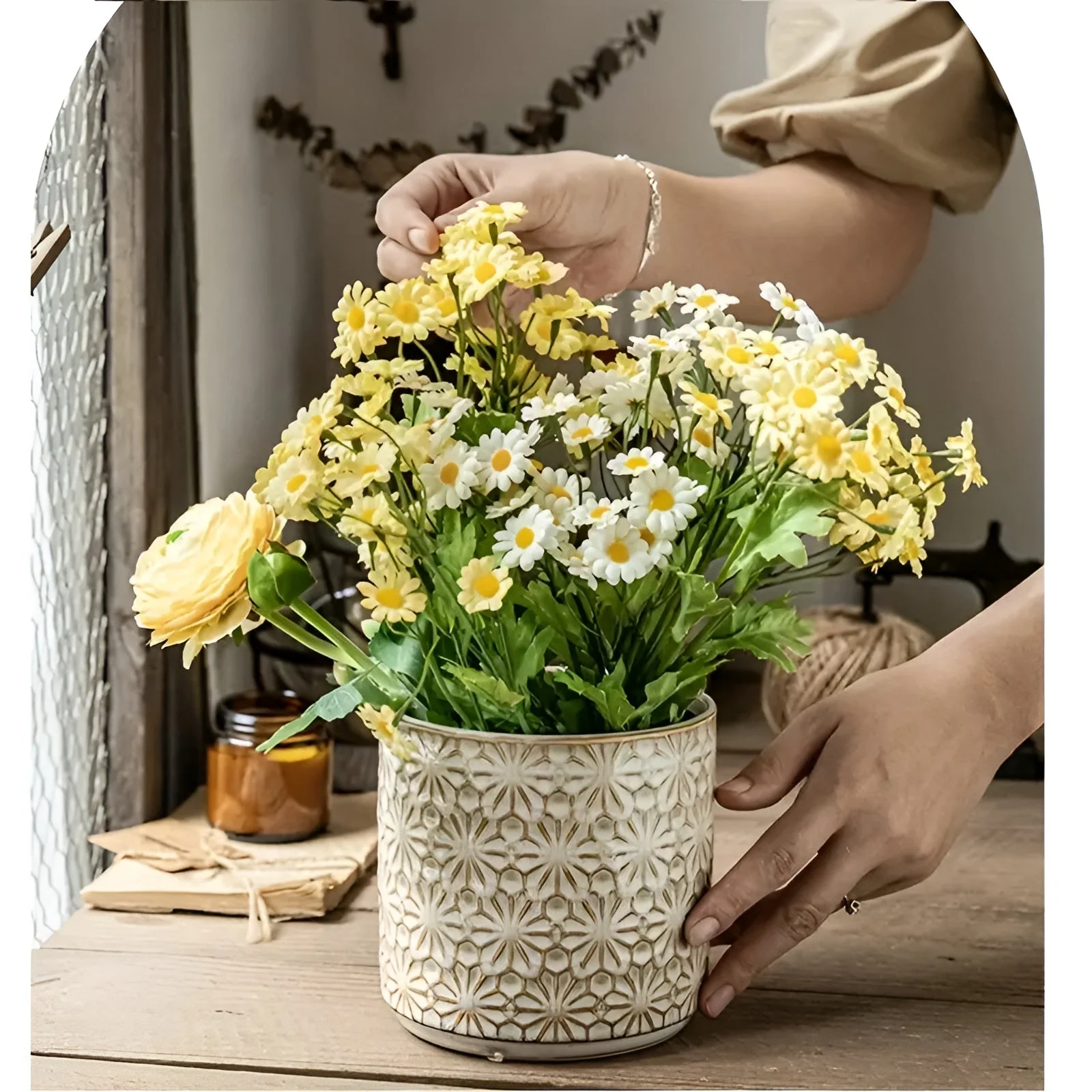 Utensil Holder Ceramic Embossed Floral Wide Opening - Image 3