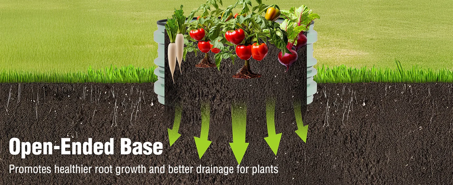 Raised garden bed with leafy vegetables and green arrows showing open-ended base drainage in soil