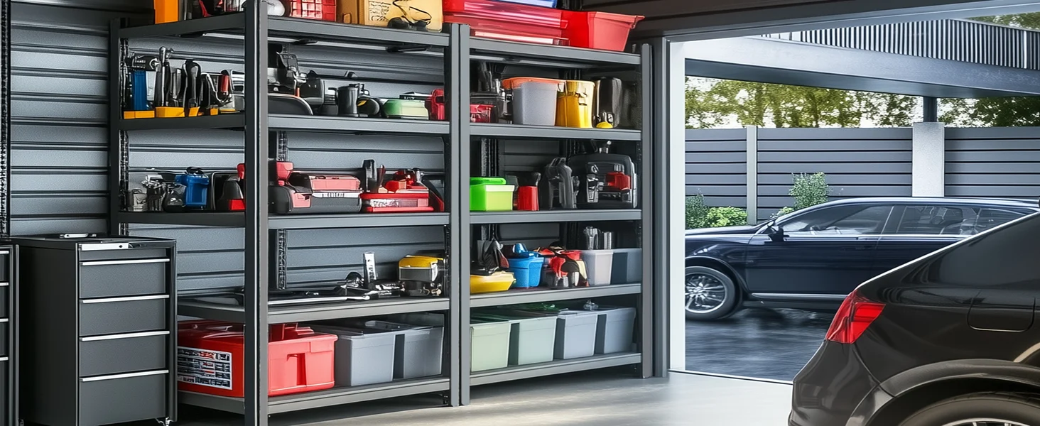 Garage storage cabinet with tools and bins, showing innovation, quality, and secure, durable organization