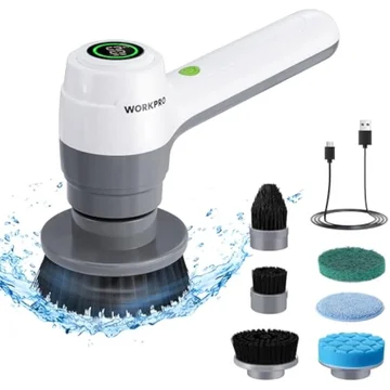 WORKPRO 8V Electric Spin Scrubber, 3-Speed Adjustable Shower Scrubber with 6 Replaceable Brush Heads, IPX6 Waterproof Electric Scrubber for Cleaning Bathroom, Kitchen Sinks, and Windows