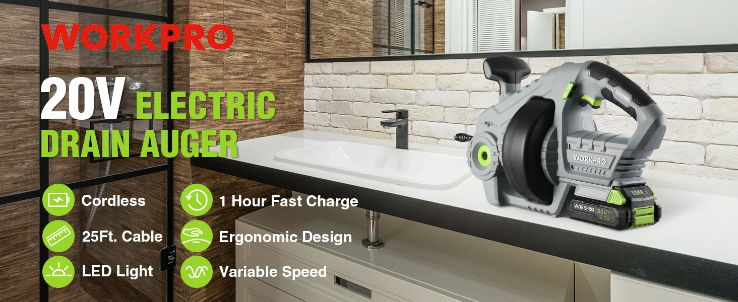 Cordless 20V electric drain auger tool shown beside a bathroom sink with LED light and variable speed