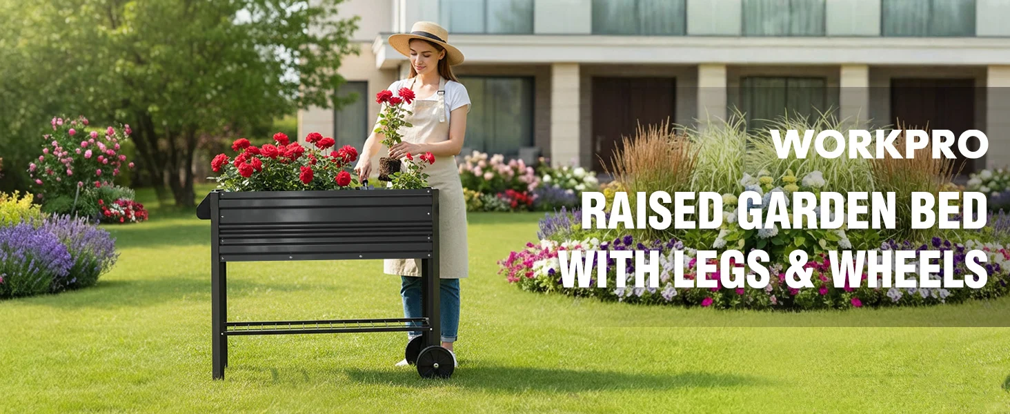 Gardening raised garden bed cart with flowers in a lawn, with innovation and quality shown in the scene