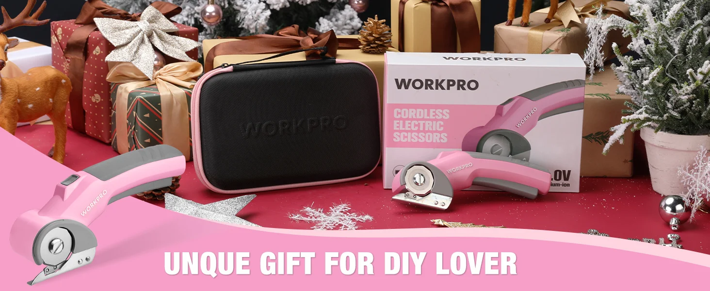 Cordless electric scissors, a black tool case, and wrapped gifts on a festive table with WORKPRO packaging