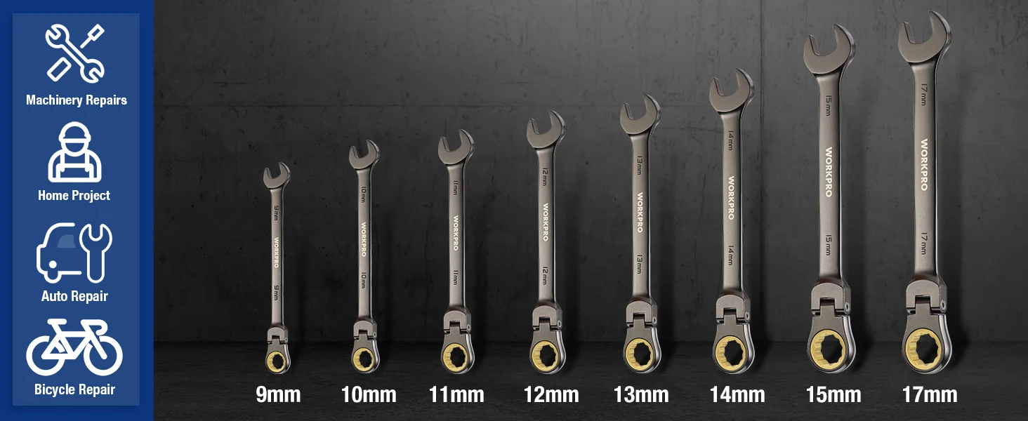 Wrench set with open ends labeled 9mm to 17mm, showing innovation and quality for durable repairs