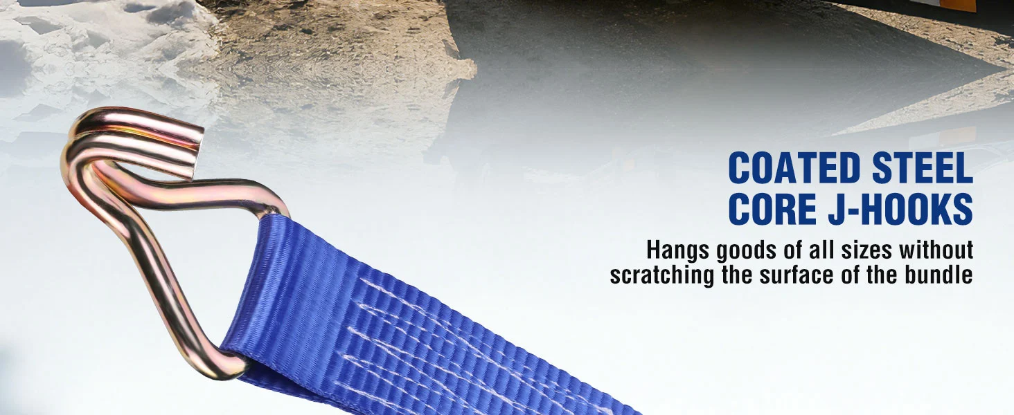 Coated steel core J hooks with blue webbing strap, shown against a concrete background for durability