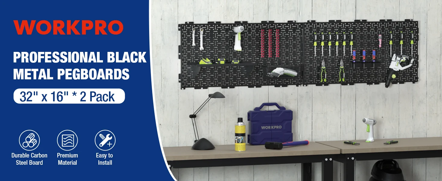 Workbench pegboard with tools and a blue case, showing innovation and quality in a durable metal setup