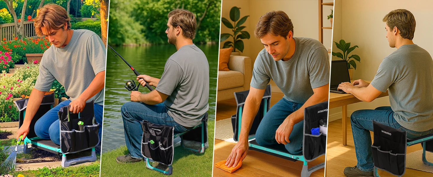 Man using a tool organizer while gardening outdoors and indoors, showing innovation and quality in setup