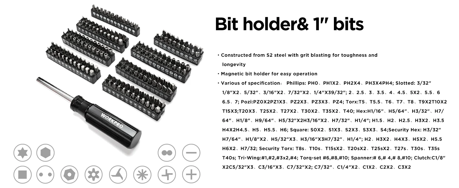 Bit holder set with 1 inch bits, showing innovation and quality, secure and durable, convenient screwdriver tools