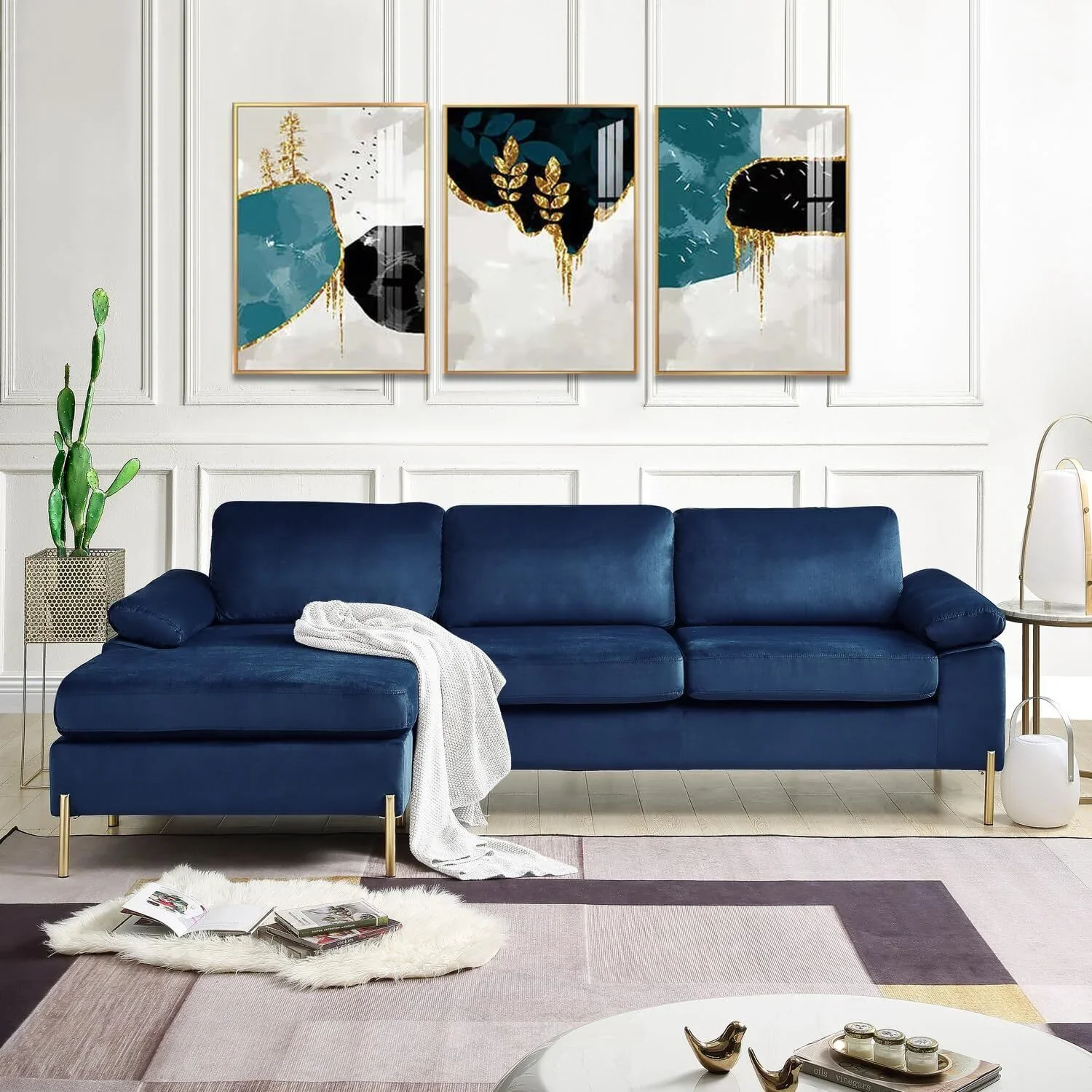 HomeStock Luxe Modern Velvet L-Shape Sectional Sofa with Square Padded Armrests, Solid Pattern Upholstery - 51.6"D x 101.2"W x 33.1"H, Comfortable and Stylish Seating for Living Room-Color:Gray/Gold - Image 12