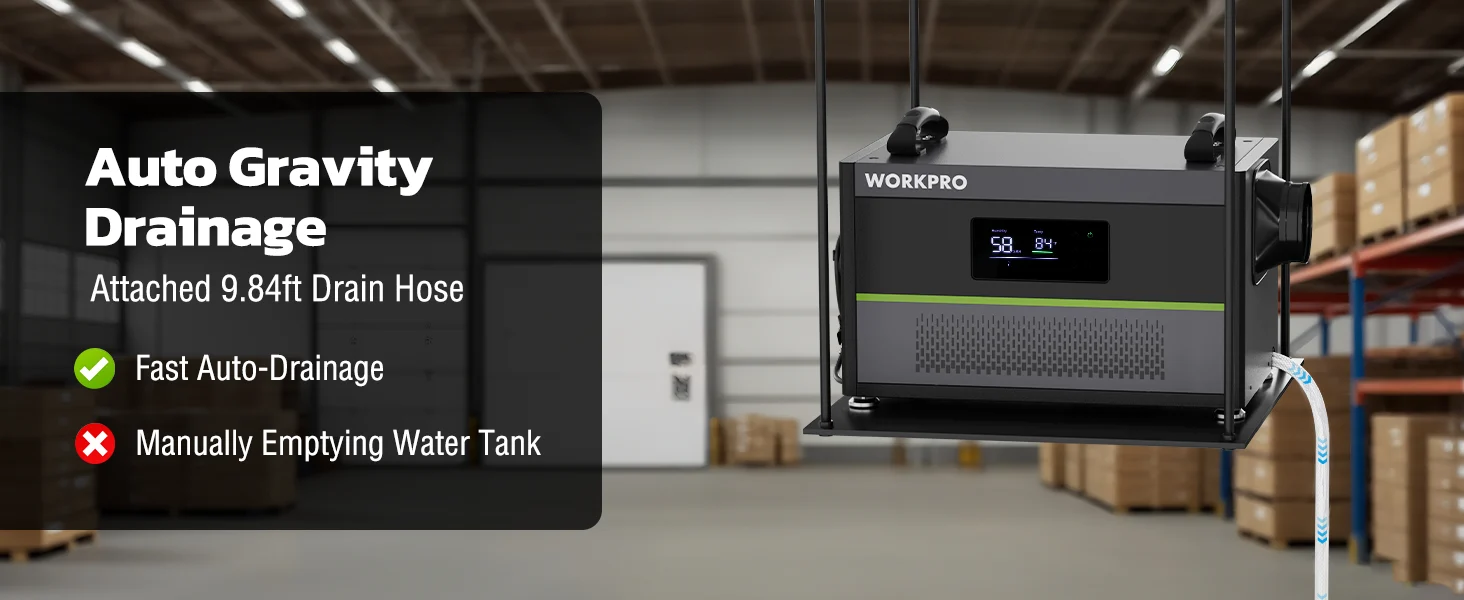 Auto gravity drainage unit with WORKPRO display, attached drain hose, and innovation quality features shown in warehouse