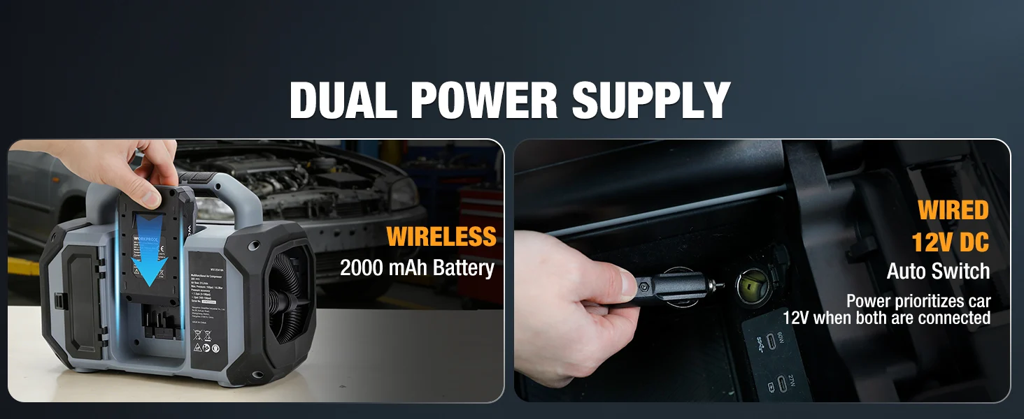 Dual power supply with wireless 2000 mAh battery and wired 12V DC auto switch for car power connection