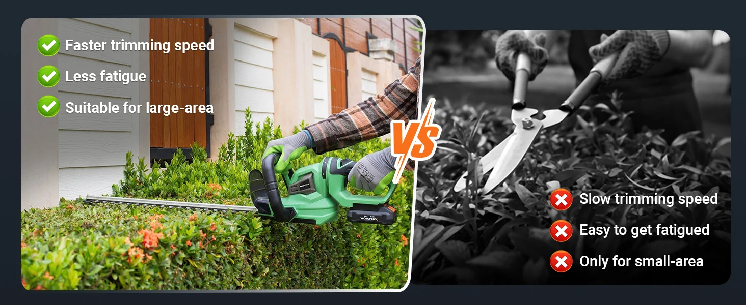 Garden hedge trimmer in green with gloved hands, innovation and quality shown against slow trimming speed