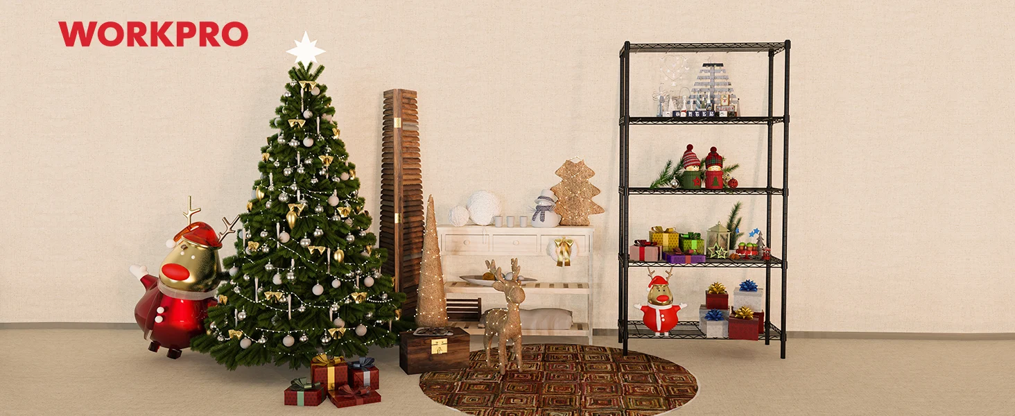 Workpro holiday display with a decorated Christmas tree, gifts, and a metal shelving unit with ornaments